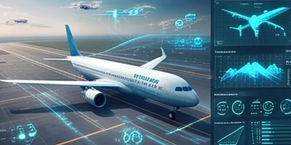 Avión en pista con un centro de control digital y flujos de datos aéreos