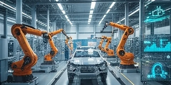 Planta de producción con brazos robóticos y análisis de gemelos digitales