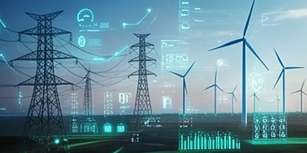 Red eléctrica inteligente y turbinas eólicas con superposiciones de datos digitales