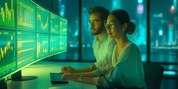 Analistas de datos en una sala de control financiera con pantallas de datos en verde y cian