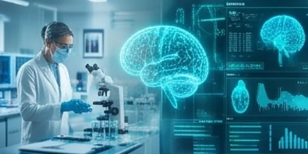 Laboratorio médico con simulaciones de datos biológicos y un cerebro digital en tonos cian